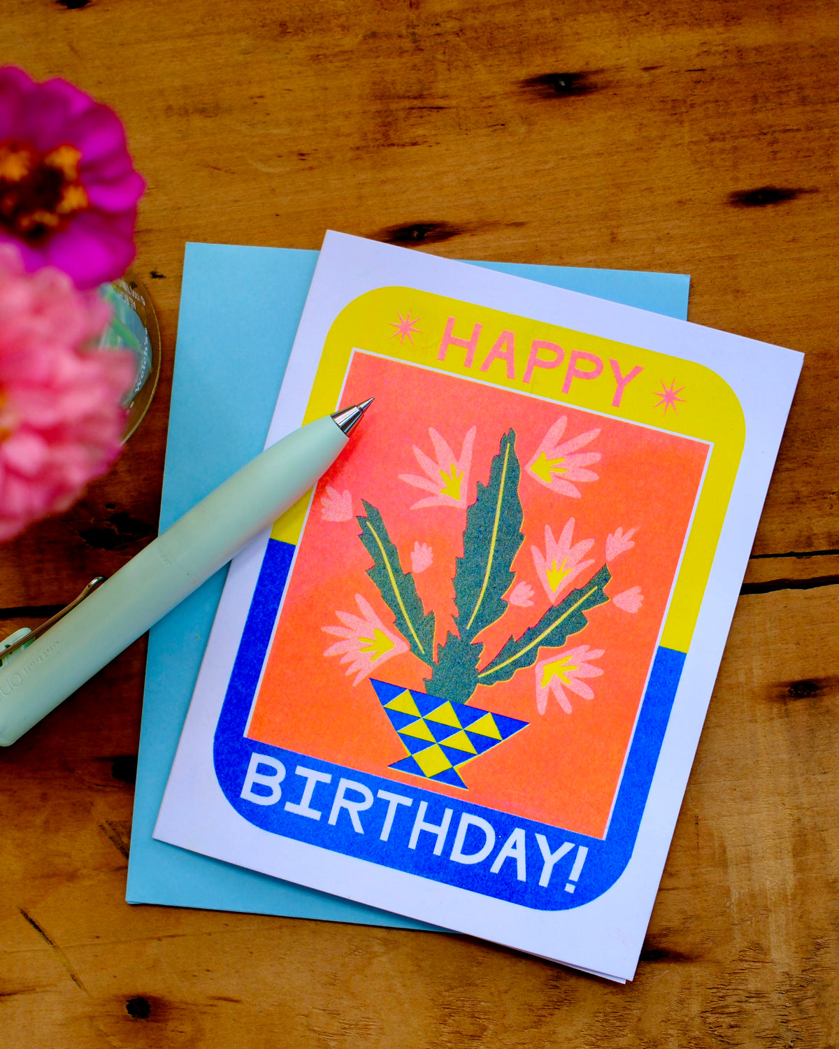 Happy Birthday Cactus Risograph Greeting Card, A2