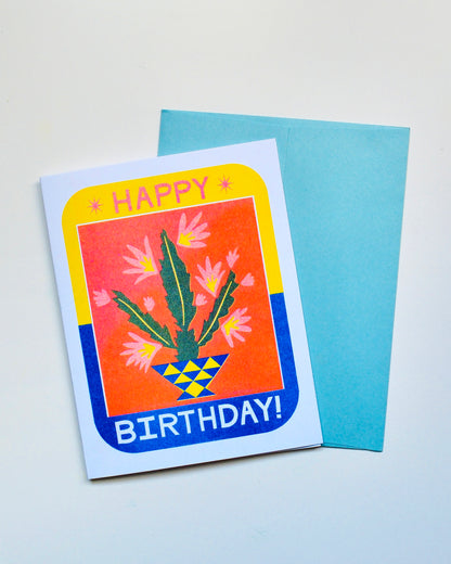 Happy Birthday Cactus Risograph Greeting Card, A2