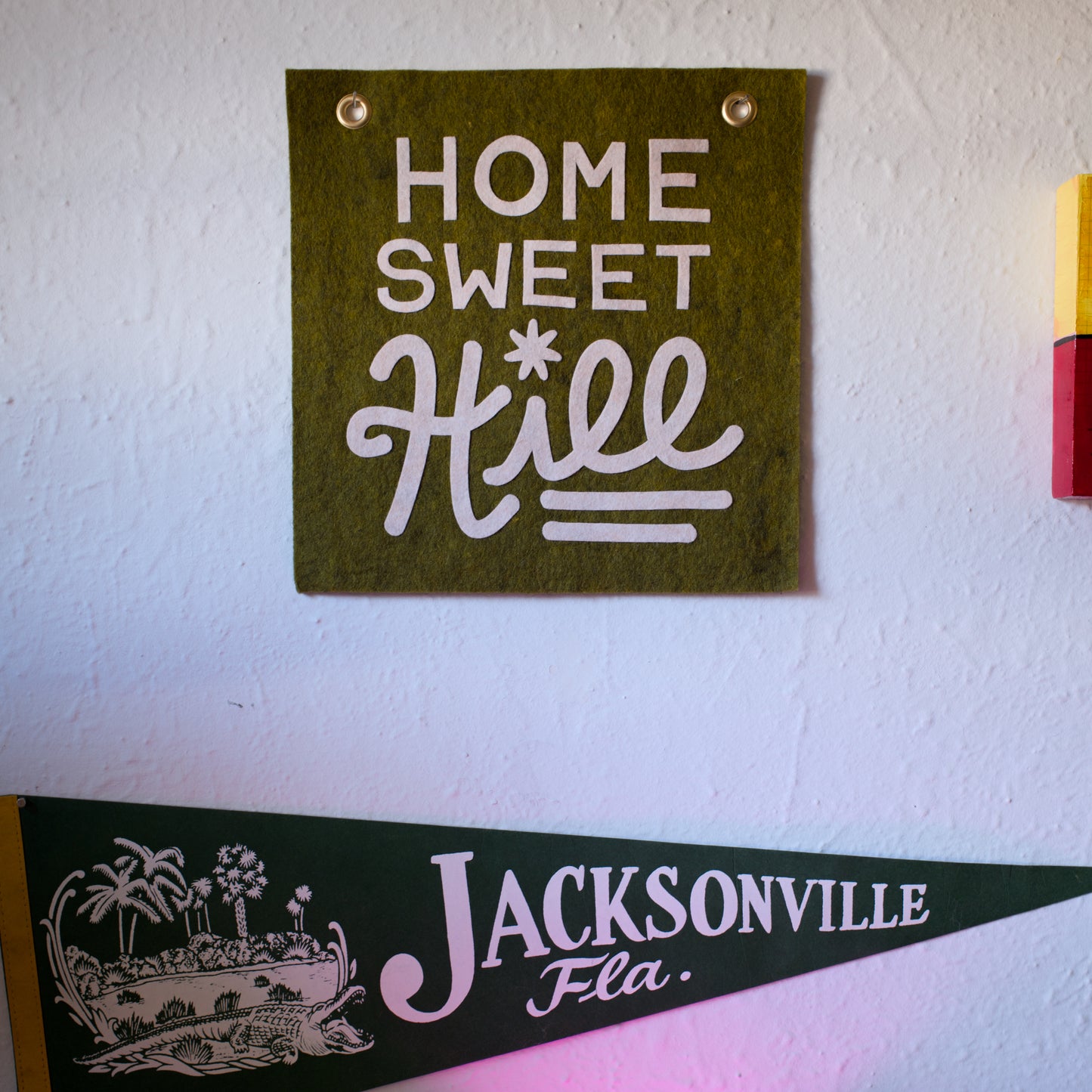 Home Sweet Hill Wool Felt Banner - Oatmeal on Moss Green