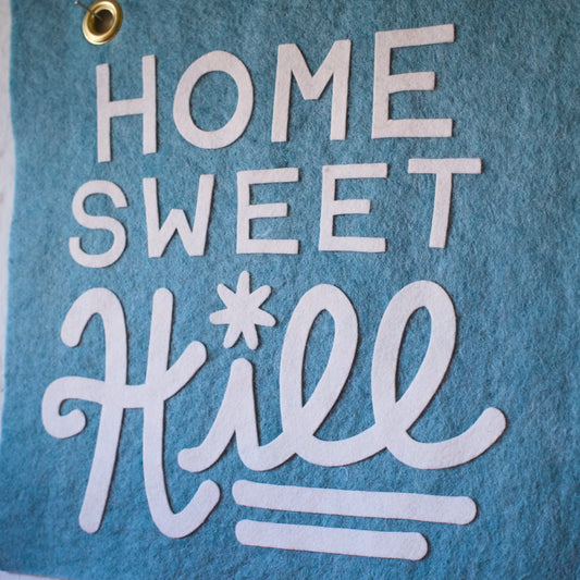 Home Sweet Hill Wool Felt Banner - White on Light Blue