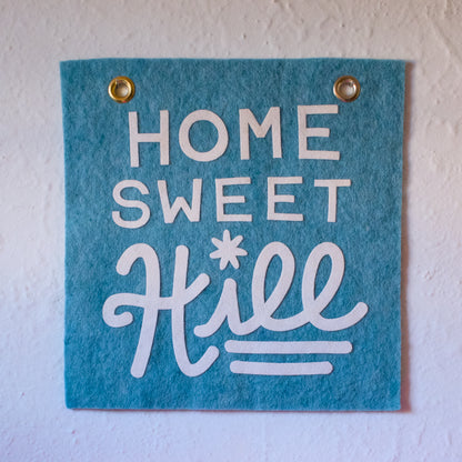 Home Sweet Hill Wool Felt Banner - White on Light Blue