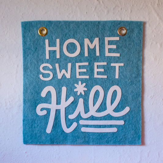 Home Sweet Hill Wool Felt Banner - White on Light Blue