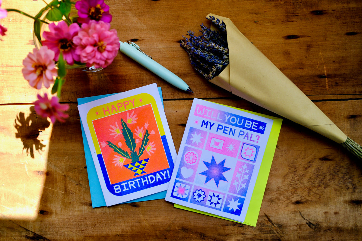Happy Birthday Cactus Risograph Greeting Card, A2