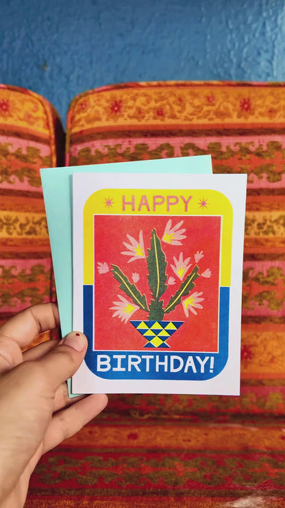 Happy Birthday Cactus Risograph Greeting Card, A2