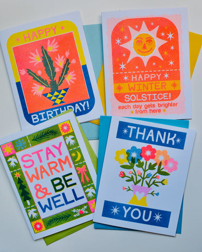Happy Birthday Cactus Risograph Greeting Card, A2